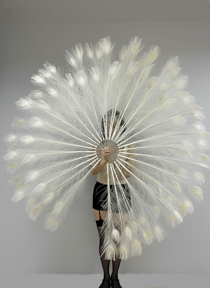 BurlyLuxe Stage-Grade White Peacock Feather Fan