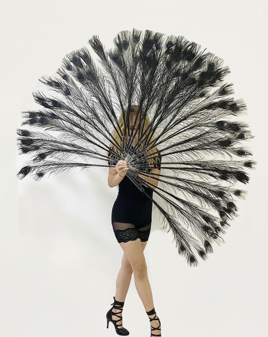BurlyLuxe Stage-Grade Black Peacock Feather Fan